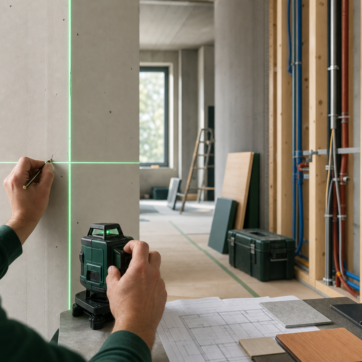 Contrôle précis d'un mur au laser sur un chantier de rénovation