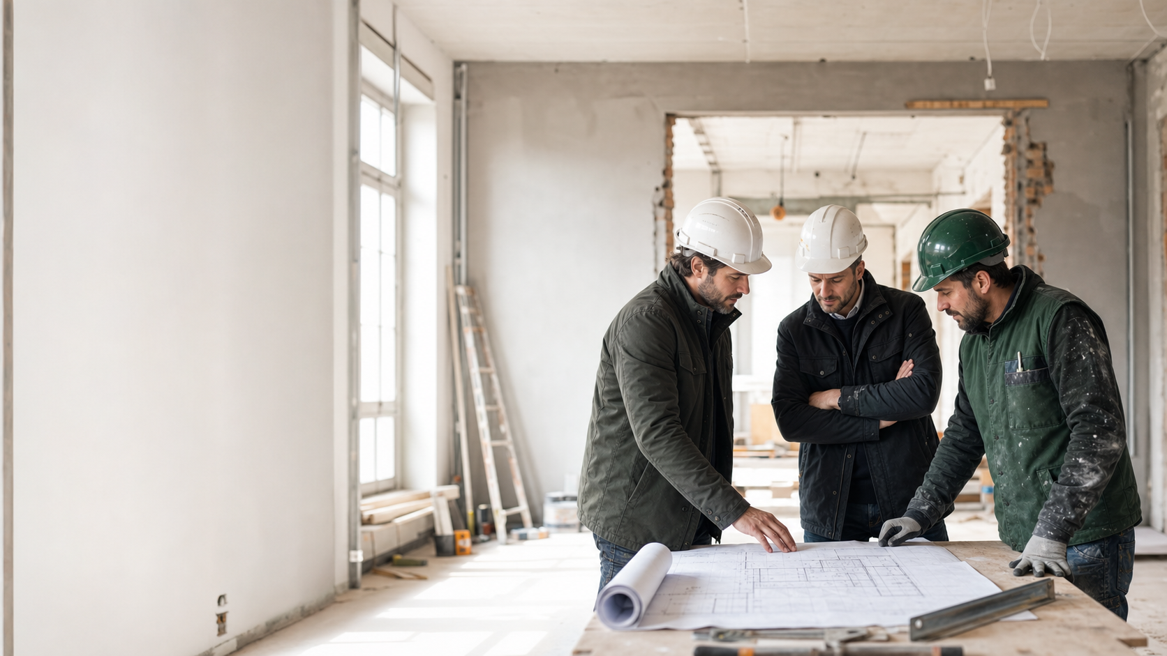 Professionnels du BTP préparant un chantier de rénovation en sous-traitance